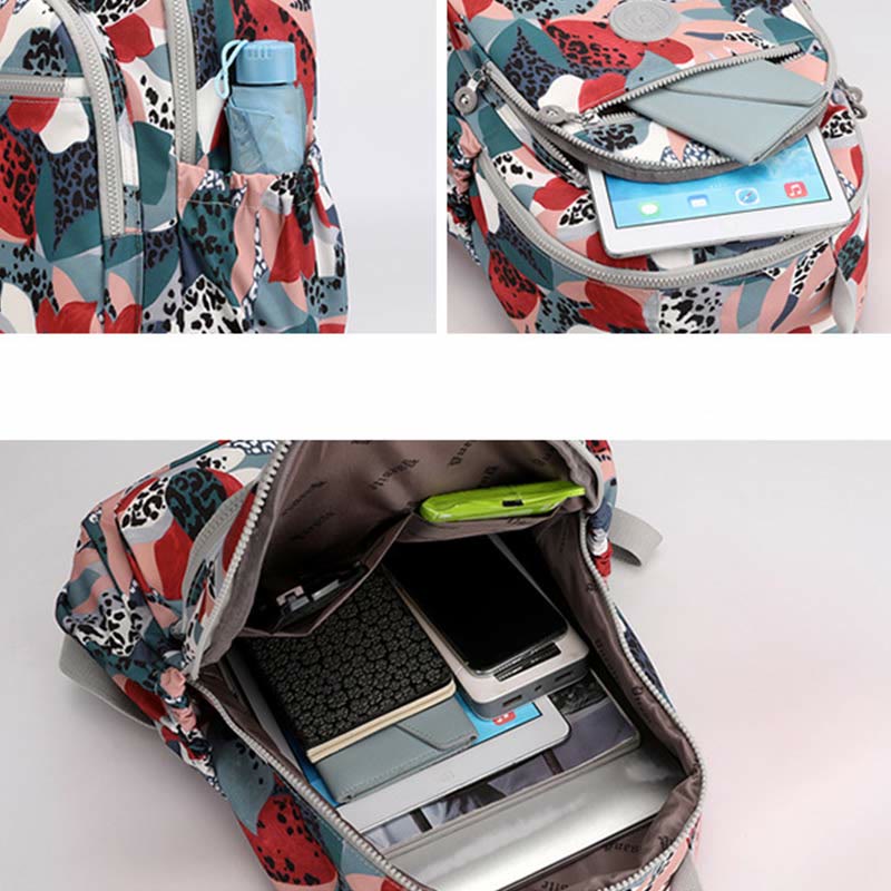 Rucksack für Damen, wasserdicht, mit mehreren Fächern, Druck, lässig, Nylon, leicht, Schultasche