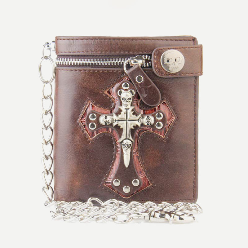Herren-Geldbörse aus Leder mit Gothic-Totenkopf-Kreuz und langer Metallkette