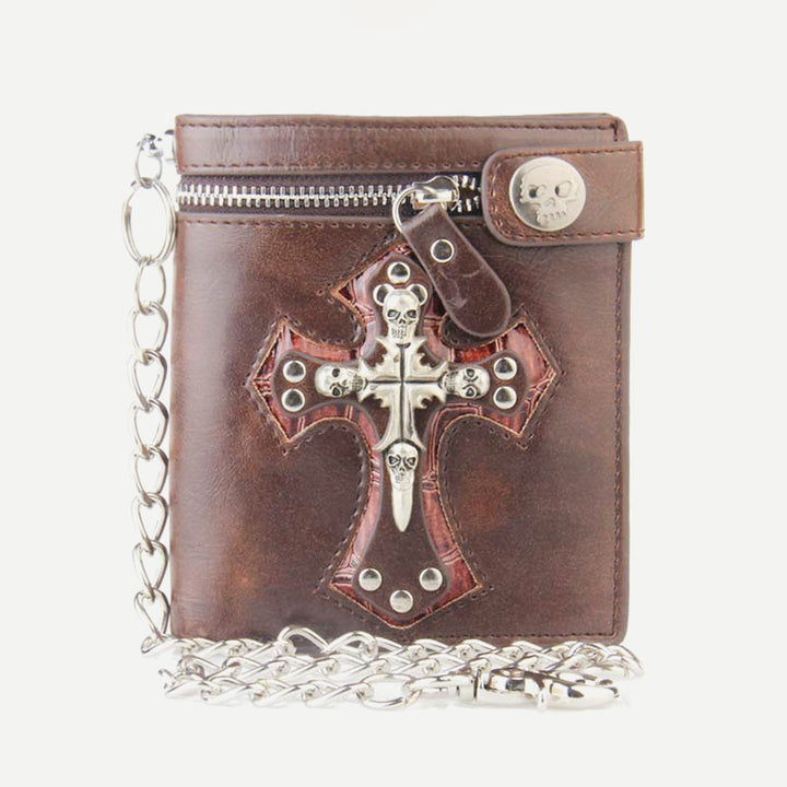 Herren-Geldbörse aus Leder mit Gothic-Totenkopf-Kreuz und langer Metallkette
