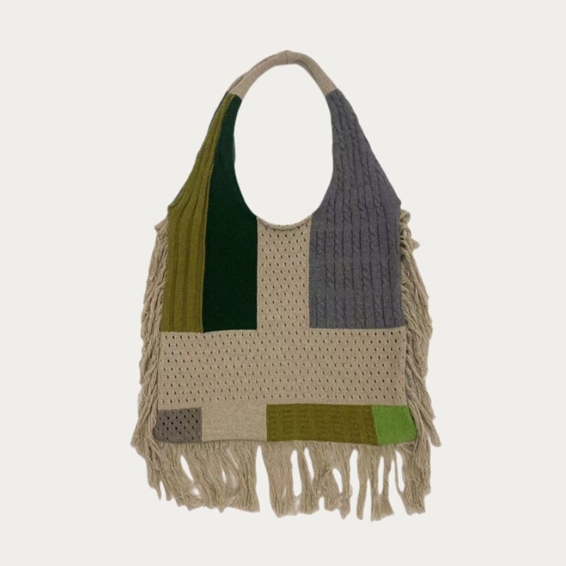 Quaste Umhängetasche für Damen Einfache Retro Gespleißte Stricktasche