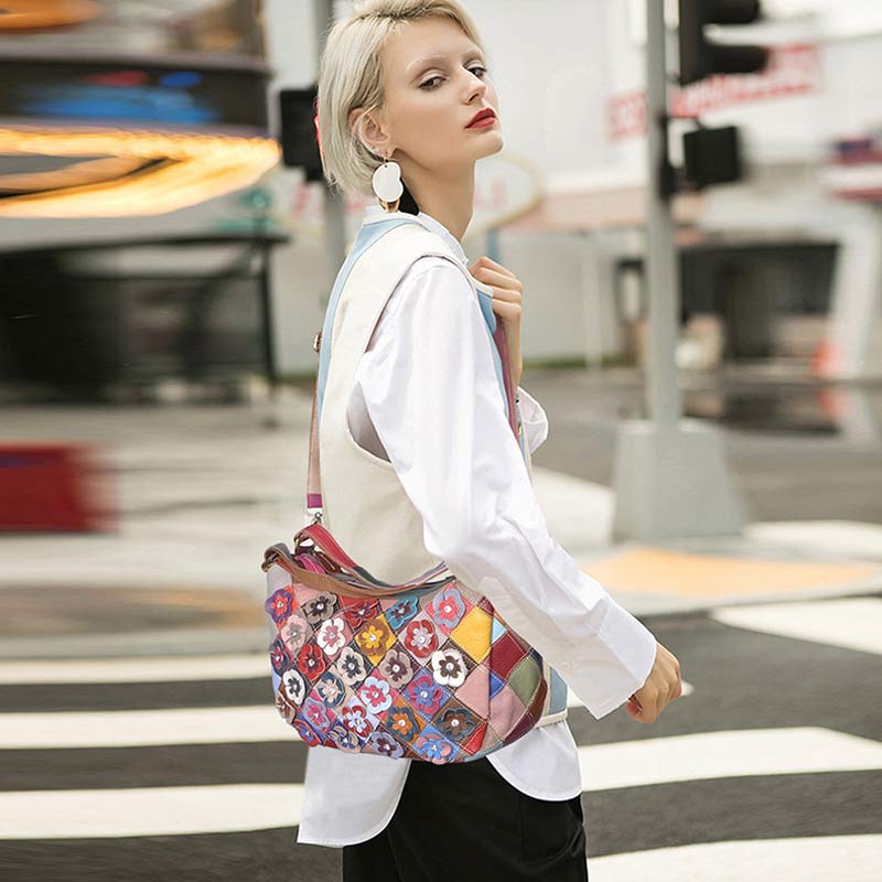 Mehrfarbige Boston-Tasche aus echtem Leder mit Blumenmuster, Hobo-Tragetasche, Umhängetasche