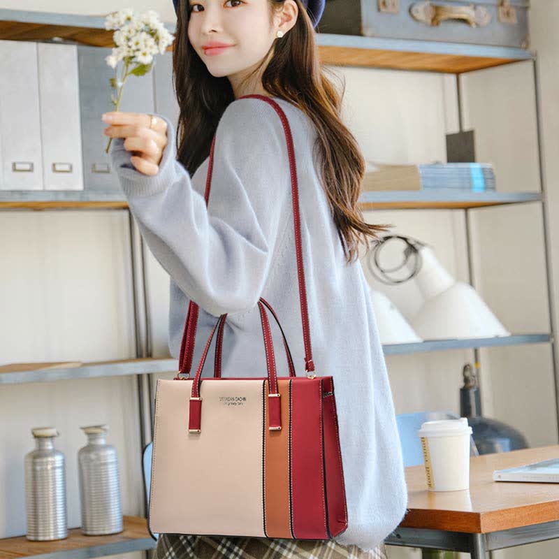 Damen Handtasche aus Leder mit Henkel, modisch, mit Farbblock-Muster, Umhängetasche