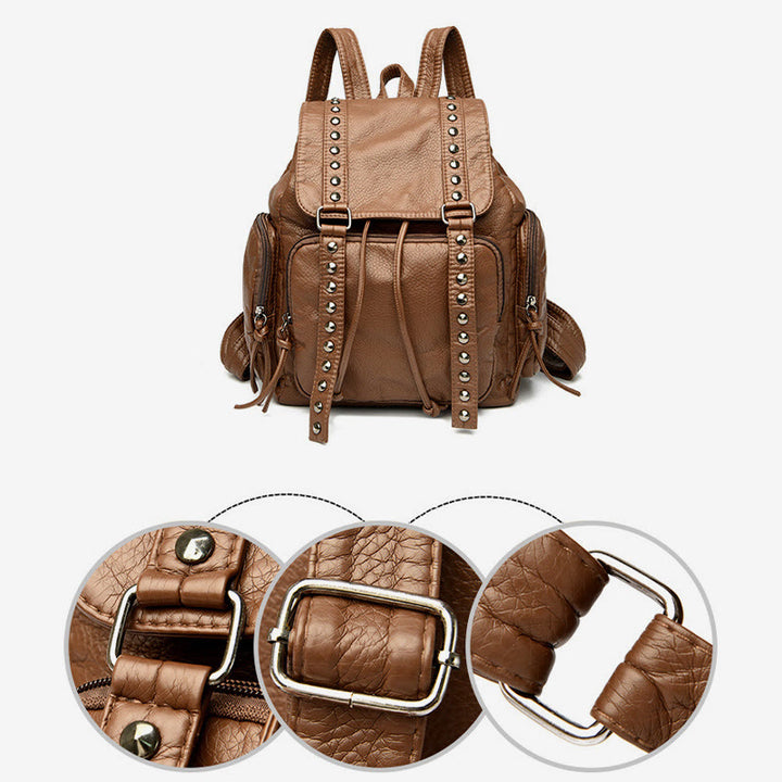 Nietenrucksack für Damen, Reiserucksack aus weichem, schlichtem Leder