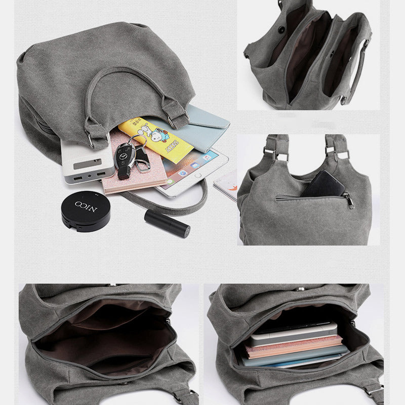 Tragetasche aus Canvas mit drei Fächern, leicht, funktional, Hobo-Handtasche