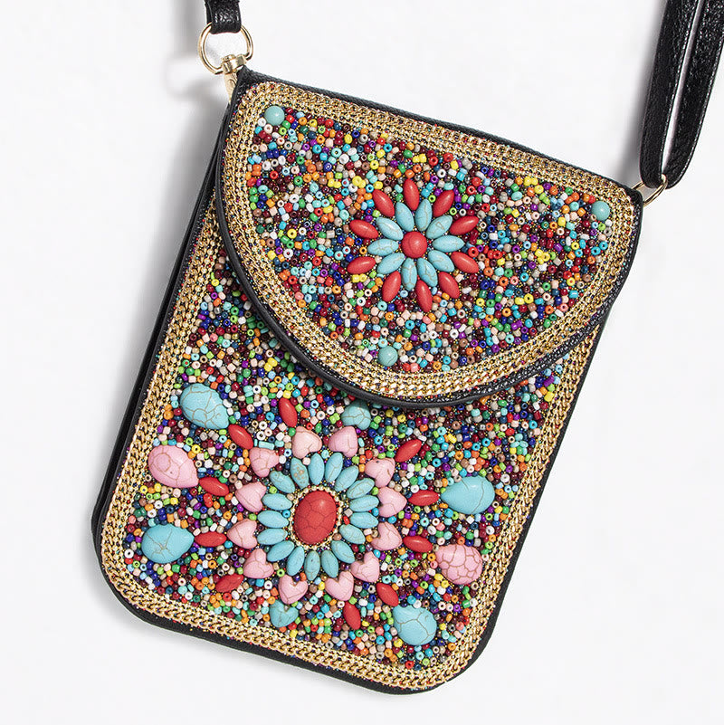 Bohemian Handytasche Damen Muschel Blumen Muster Magnetische Umhängetasche
