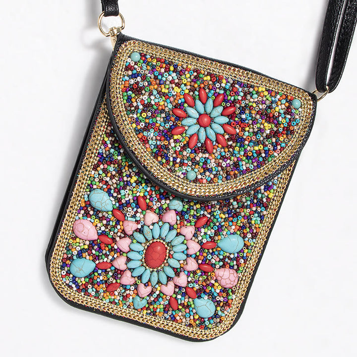 Bohemian Handytasche Damen Muschel Blumen Muster Magnetische Umhängetasche