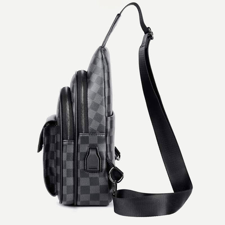 Lässiger Tagesrucksack aus Leder, Schultertasche, Brusttasche mit USB-Ladeanschluss