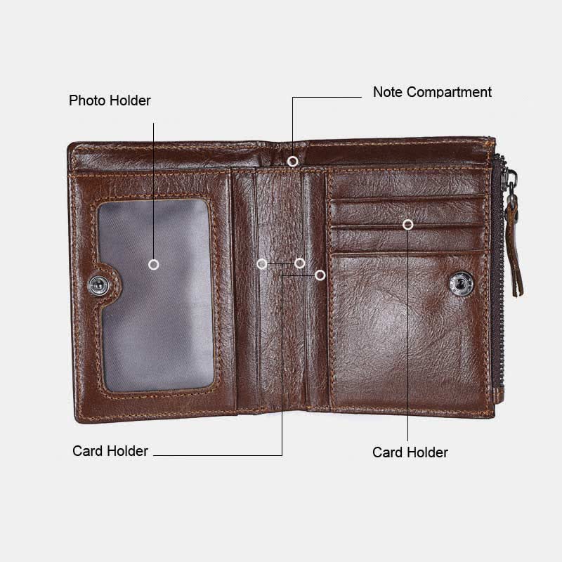 Bifold-Geldbörse für Herren aus echtem Leder mit Kartenhalter und doppeltem Reißverschlussfach