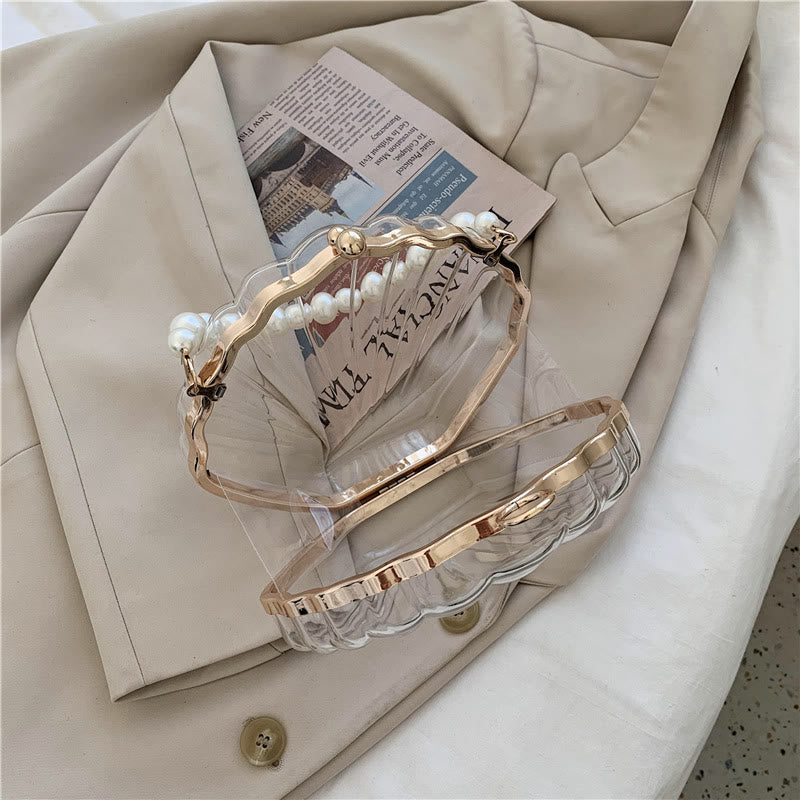 Umhängetasche für Damen mit Perlenkette und Clip, transparente Tasche