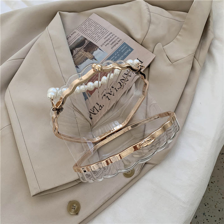 Umhängetasche für Damen mit Perlenkette und Clip, transparente Tasche