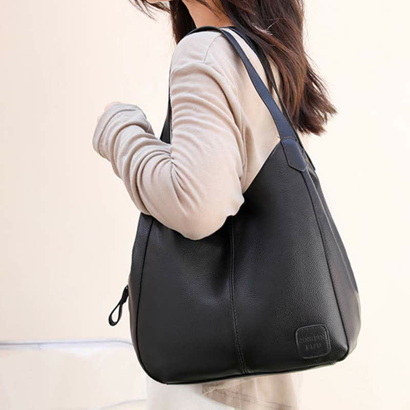 Hobo-Tasche mit drei Fächern für Damen, Schultertasche aus PU-Leder