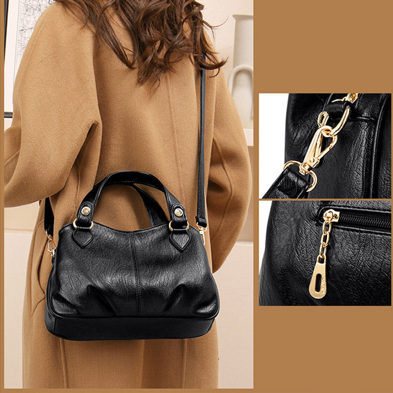 Damen Dreifach-Umhängetasche aus Leder mit Henkel oben, Umhängetasche, Handtasche
