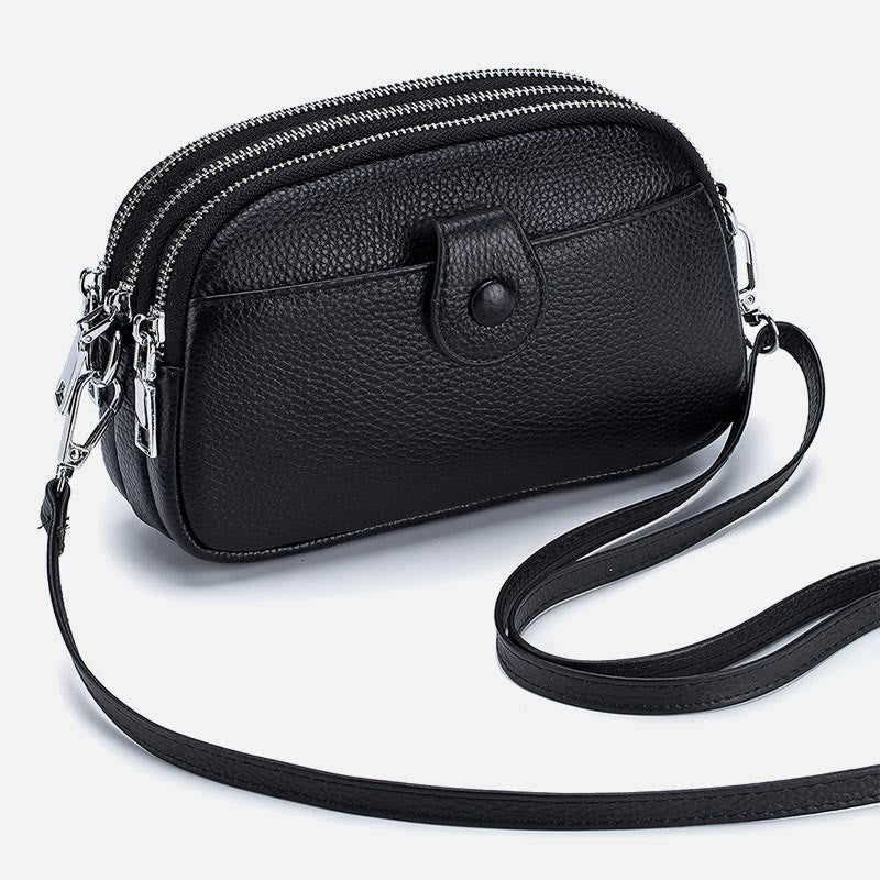Schultertasche aus echtem Leder mit drei Reißverschlüssen, lässige Umhängetasche für Damen