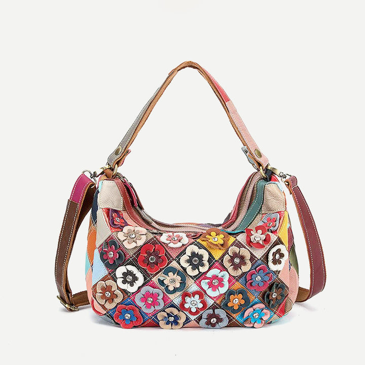 Mehrfarbige Boston-Tasche aus echtem Leder mit Blumenmuster, Hobo-Tragetasche, Umhängetasche