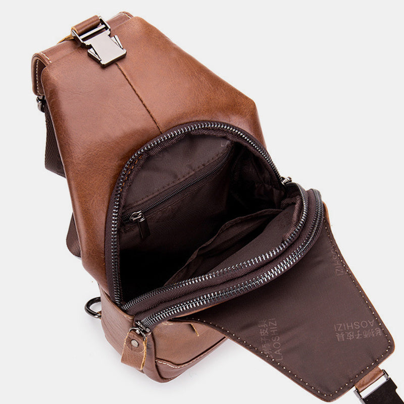 Schultertasche im Vintage-Stil mit mehreren Taschen und Kopfhöreranschluss