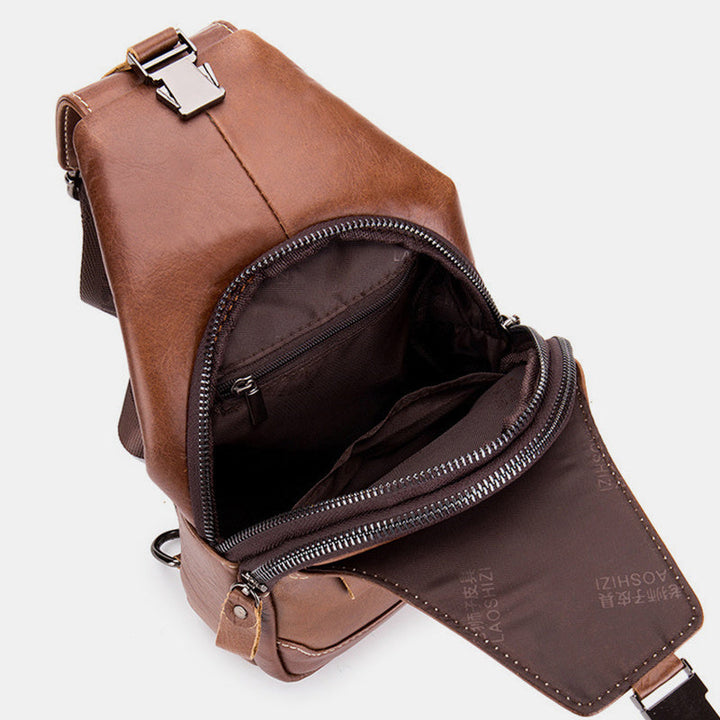 Schultertasche im Vintage-Stil mit mehreren Taschen und Kopfhöreranschluss