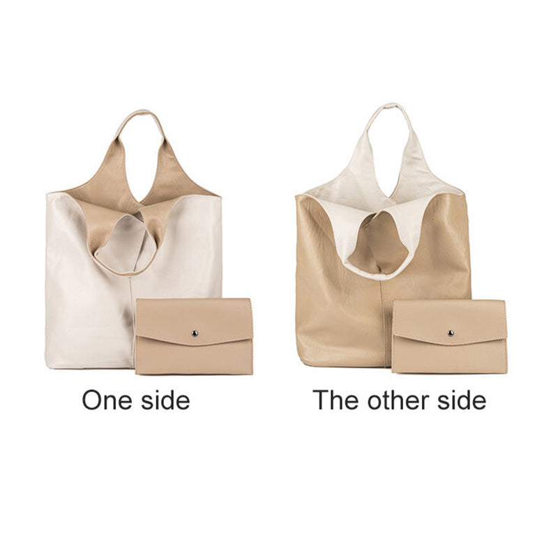 Leder Tote Schultertasche für Frauen Doppelseitige Hobo Geldbörse Bucket Handtasche