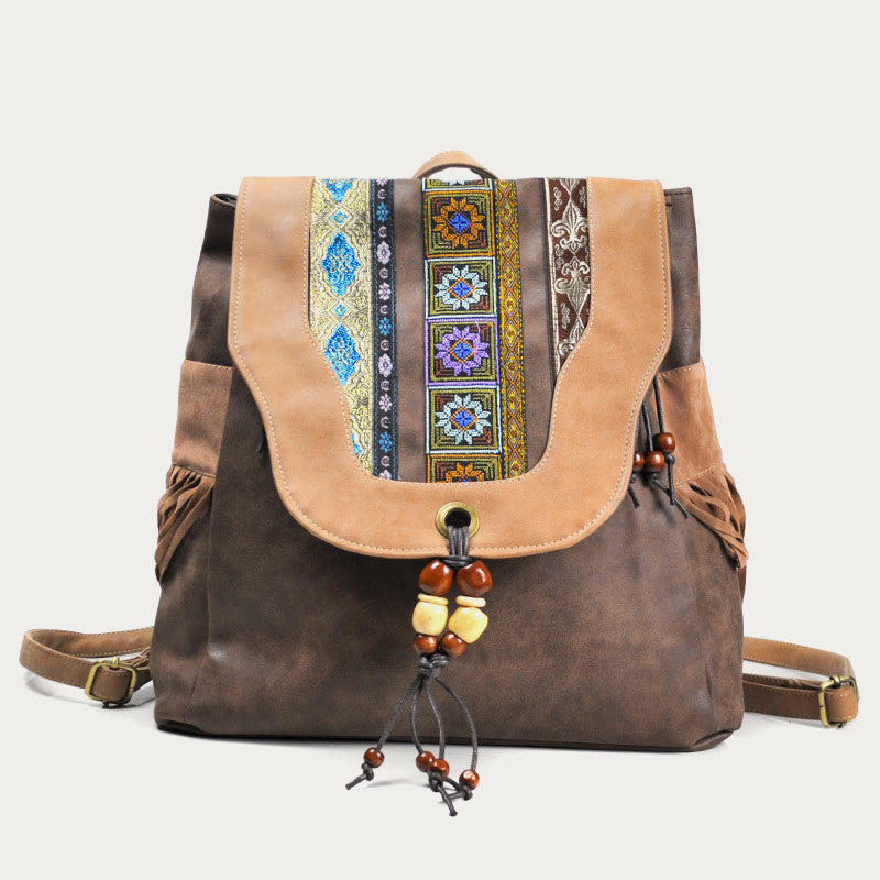 Rucksack für Damen im ethnischen Stil mit Druck und Quaste, Tagesrucksack aus Leder