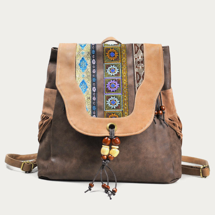 Rucksack für Damen im ethnischen Stil mit Druck und Quaste, Tagesrucksack aus Leder