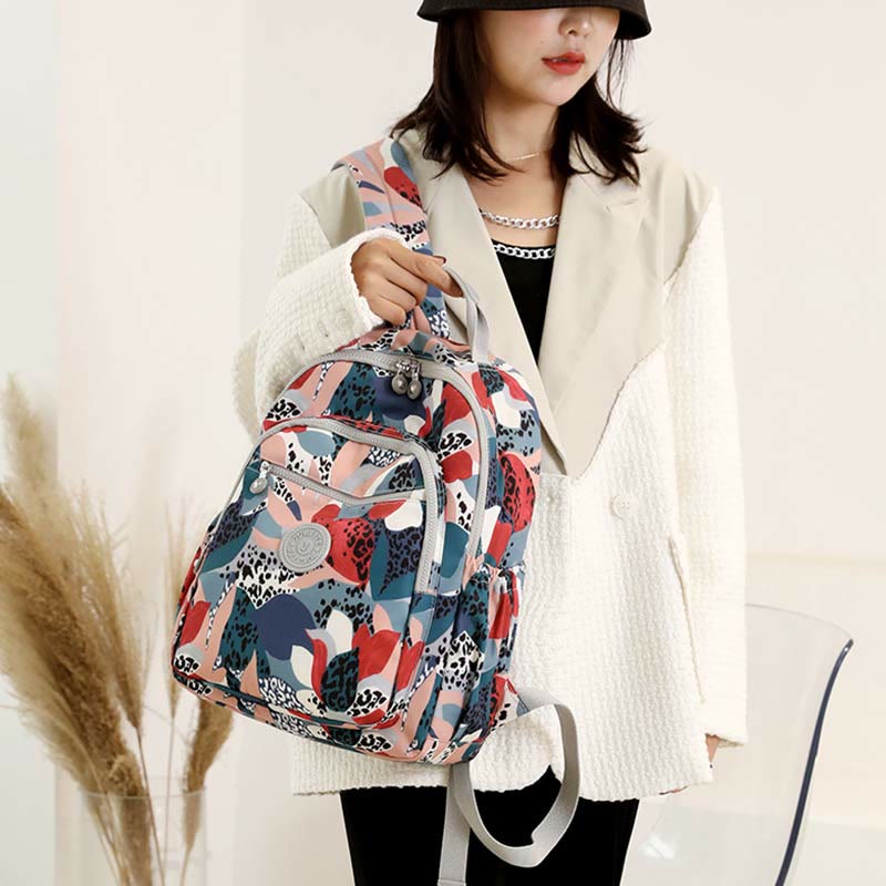 Rucksack für Damen, wasserdicht, mit mehreren Fächern, Druck, lässig, Nylon, leicht, Schultasche