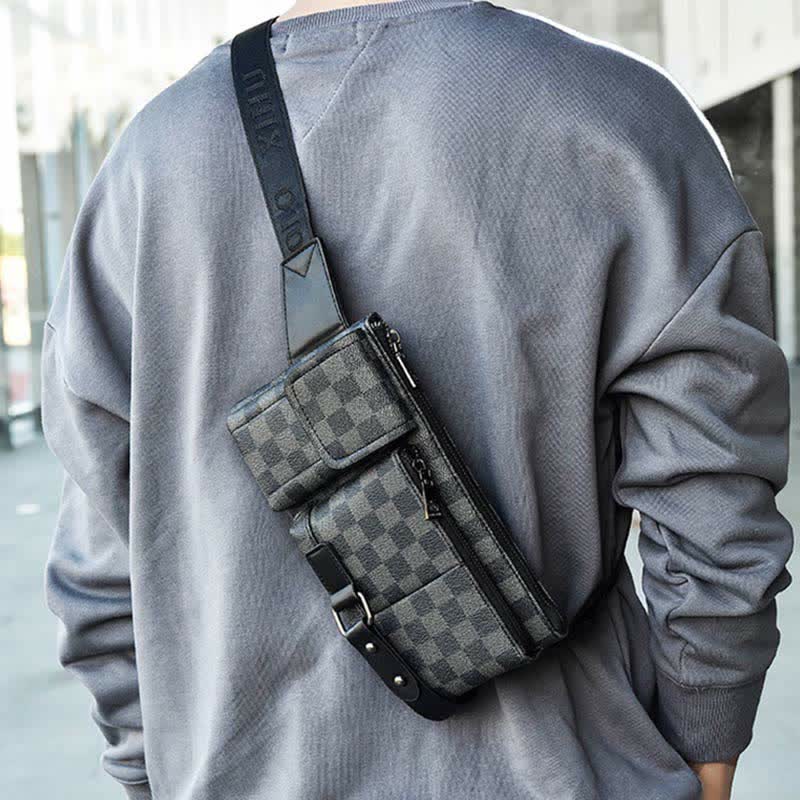 Gürteltasche für Herren, Leder, kariert, Reise-Umhängetasche, Brusttasche