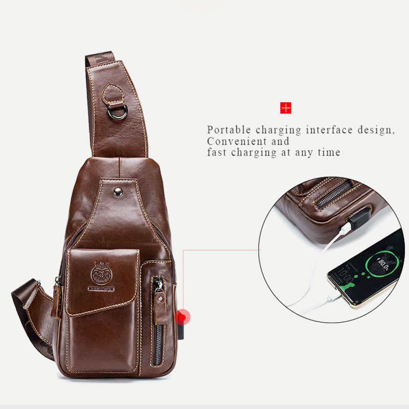 Brusttasche aus echtem Leder mit mehreren Taschen und USB-Ladeanschluss