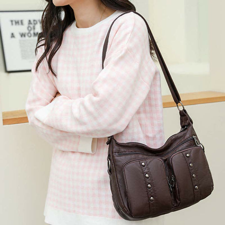 Umhängetasche mit mehreren Taschen für Damen, Retro-Nieten, Leder, Schultertasche