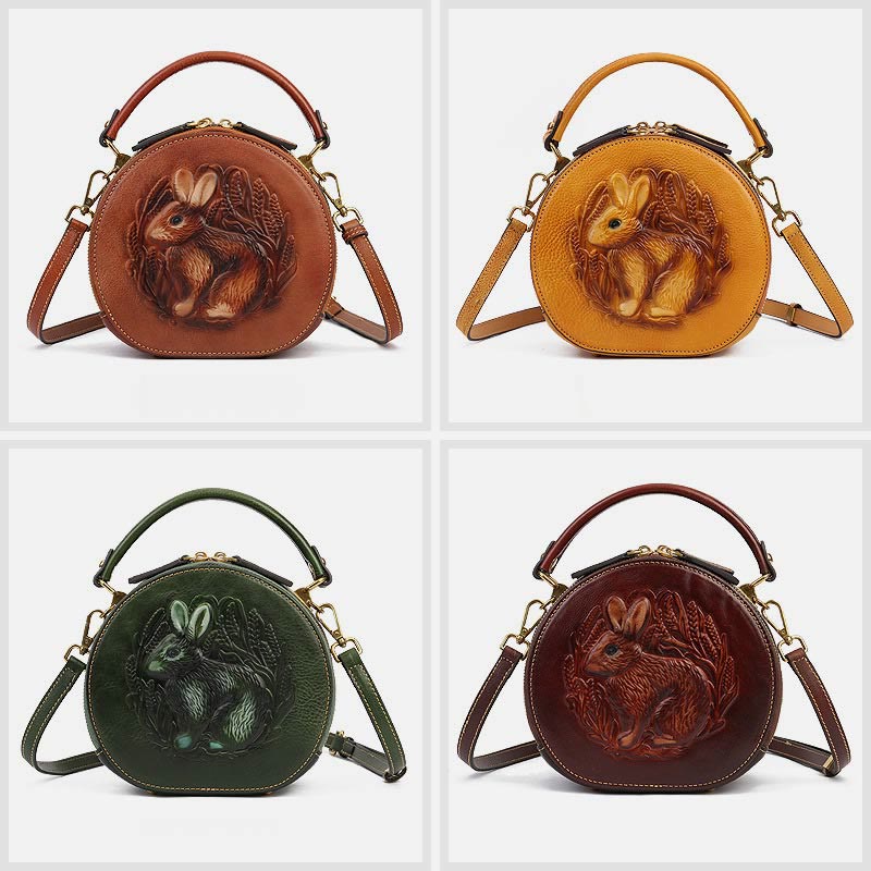 Retro Hase Prägung Handtasche Folk Custom Crossbody Leder Geldbörse