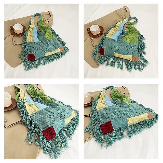 Quaste Umhängetasche für Damen Einfache Retro Gespleißte Stricktasche