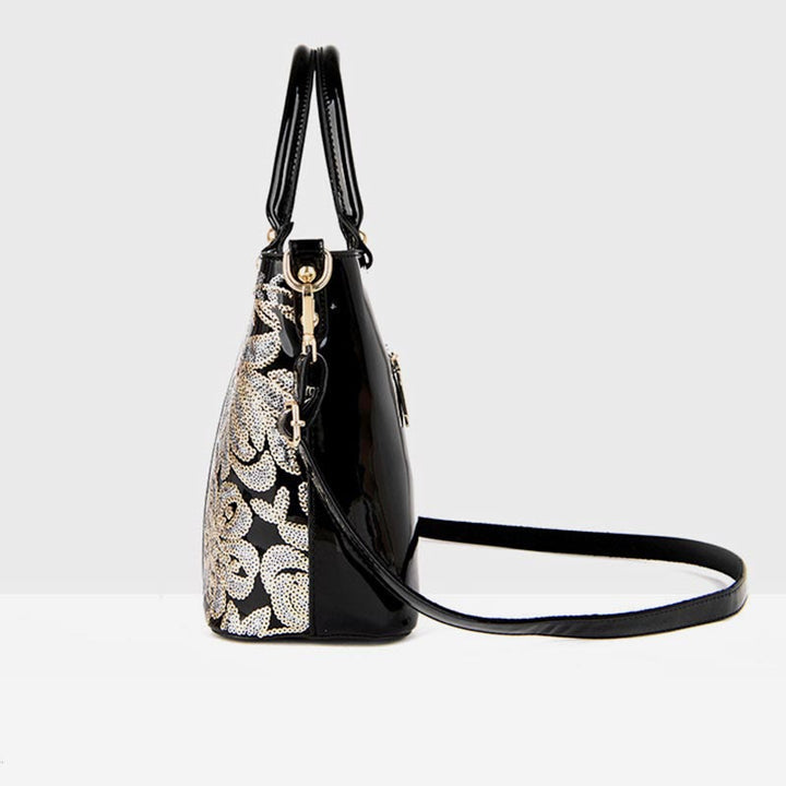 Tragetasche für Damen, bestickte Handtasche aus Lackleder mit Pailletten und Diamanten