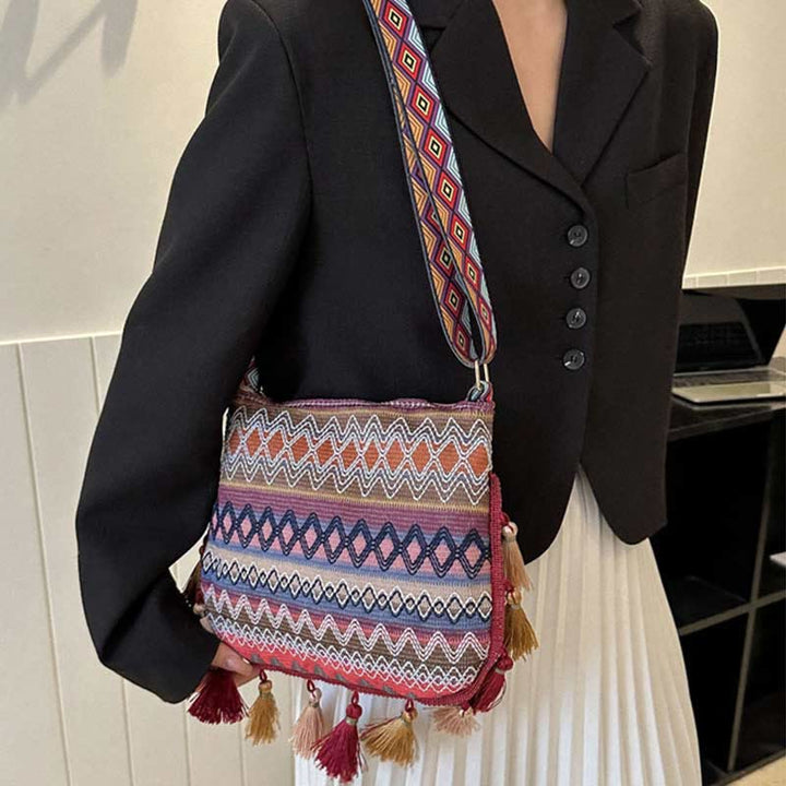 Folk Custom Umhängetasche Damen Quaste Breite Riemen Polyester Geldbörse