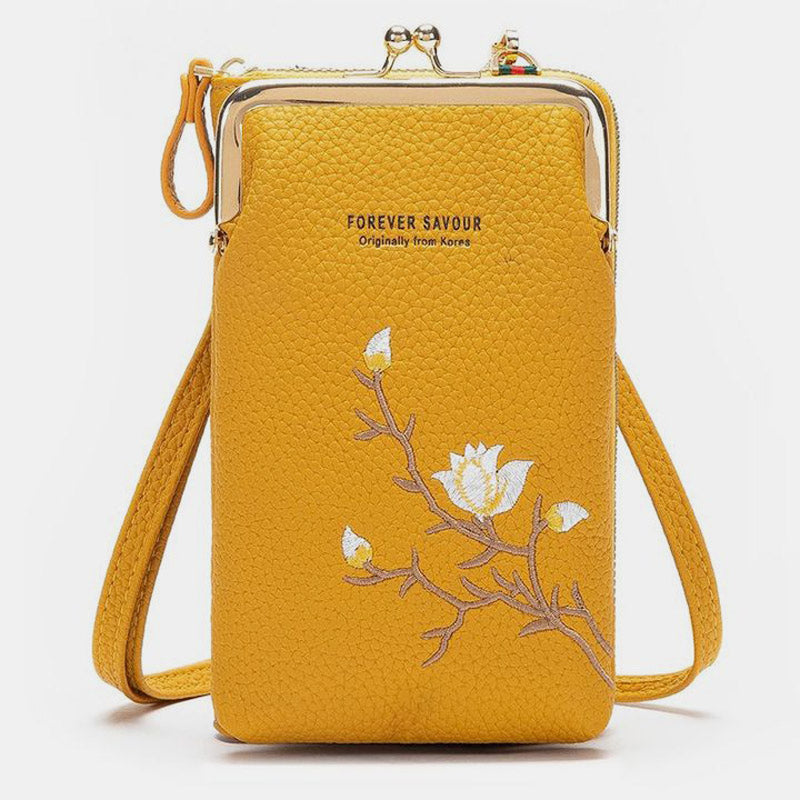 Elegante Umhängetasche fürs Handy mit mehreren Fächern und Blumenstickerei