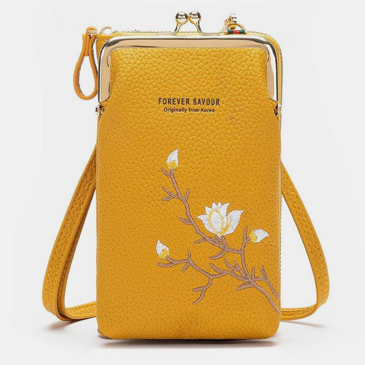 Elegante Umhängetasche fürs Handy mit mehreren Fächern und Blumenstickerei