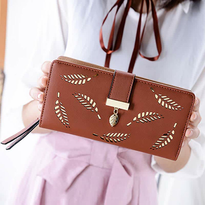 Große Ledergeldbörse für Damen, ausgehöhlt, lang, Clutch