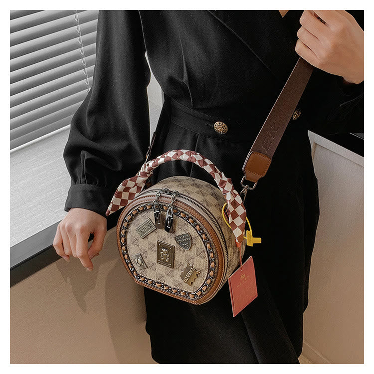 Top-Griff-Tasche für Damen Vintage breite Riemen kleine runde Tasche