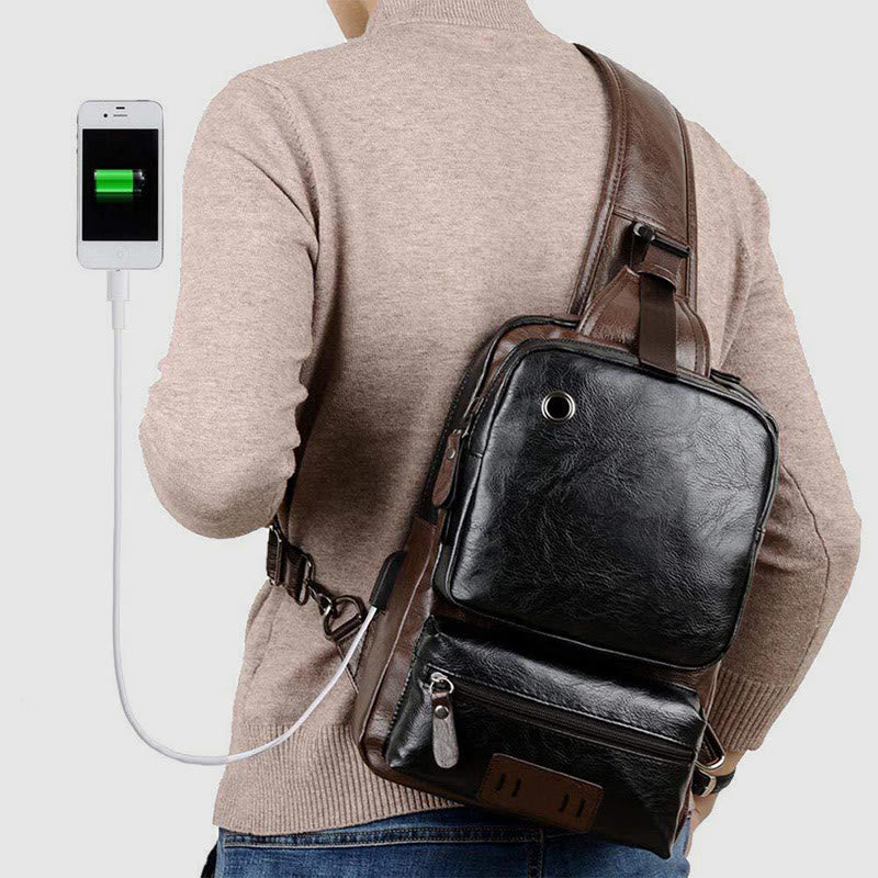 Schultertasche für Herren, Outdoor-Sport, Umhängerucksack aus PU-Leder