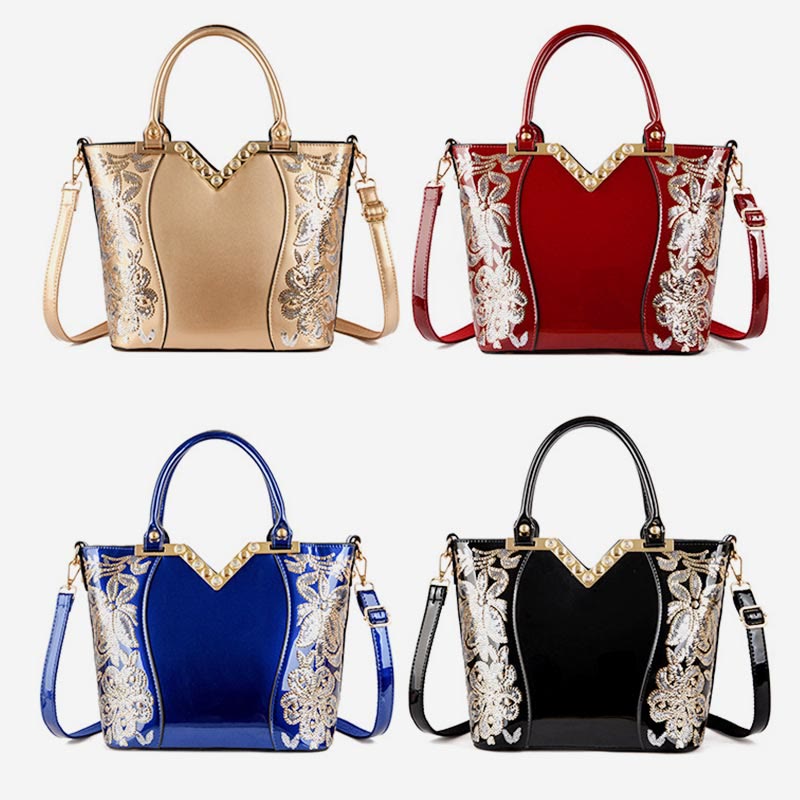 Tragetasche für Damen, bestickte Handtasche aus Lackleder mit Pailletten und Diamanten