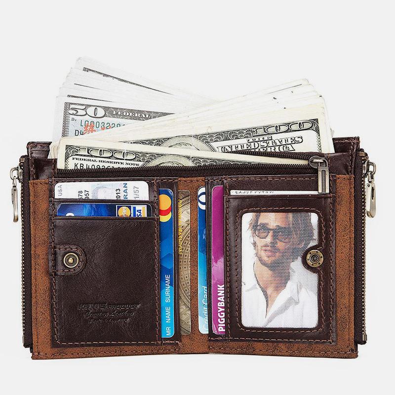 Vintage RFID Echtleder Bifold Münzgeldbörse mit Kette