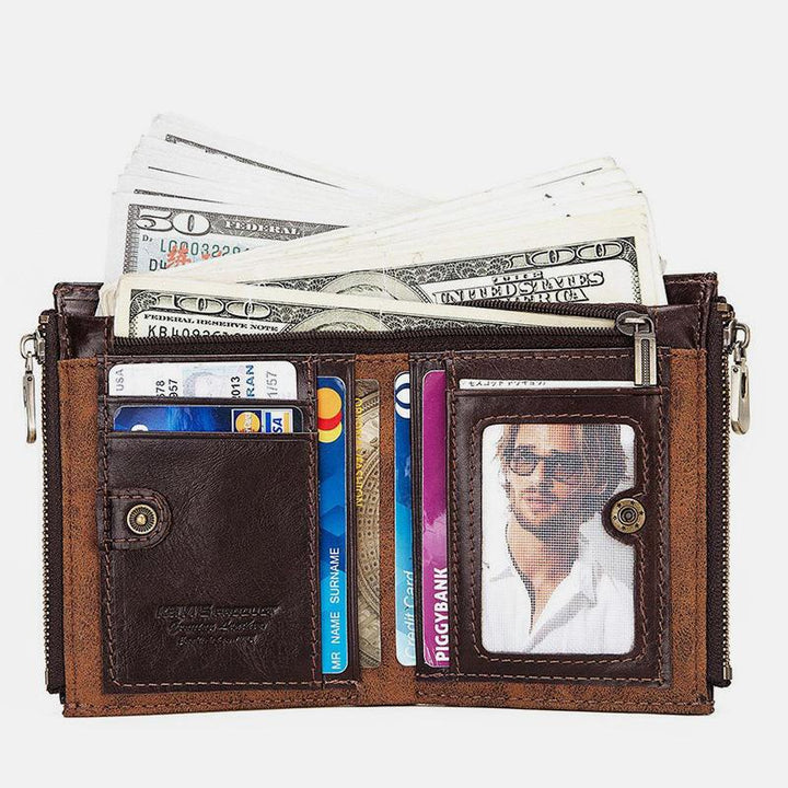 Vintage RFID Echtleder Bifold Münzgeldbörse mit Kette