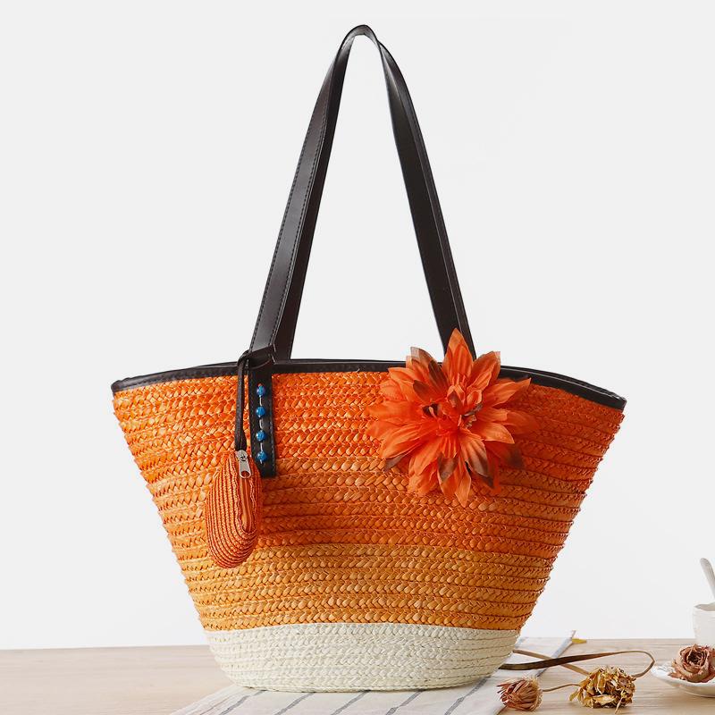 Sommerblumen-Strandtasche aus gewebtem Stroh, Reisetasche