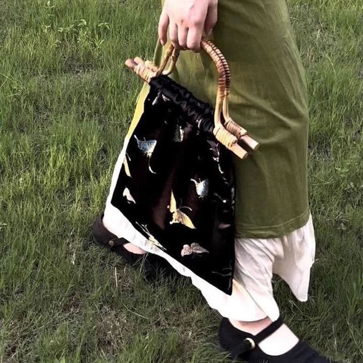 Schwarze und goldene Schmetterlingshandtasche für Damen, dicke Jacquard-Rattantasche