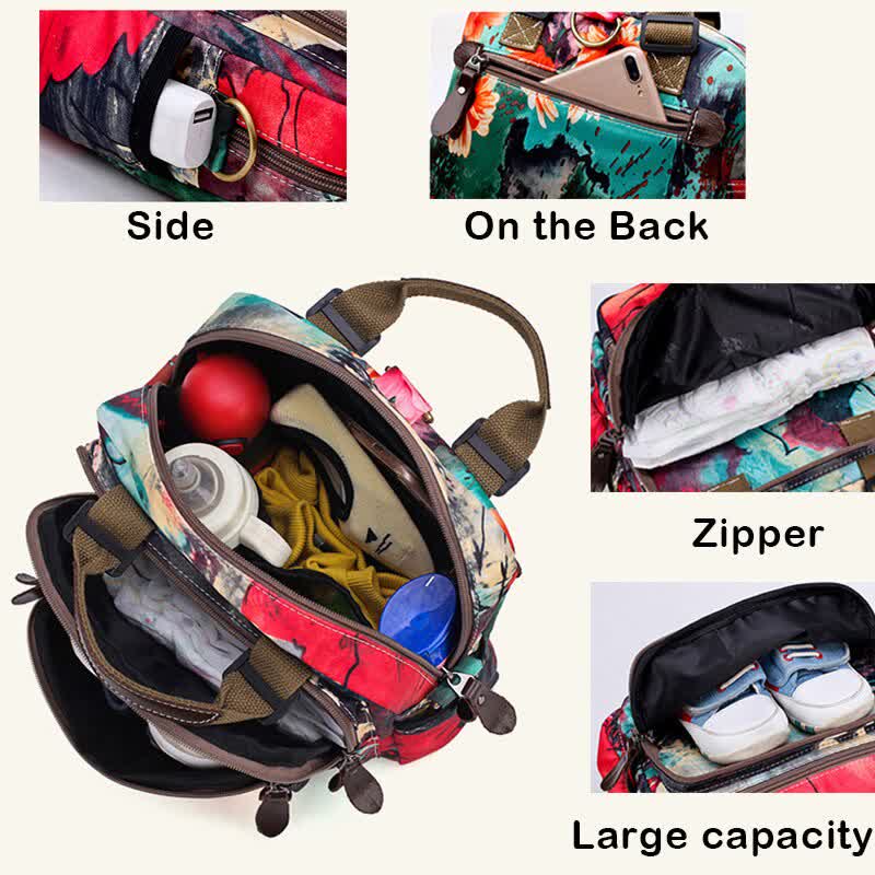 Multifunktionaler wasserdichter Rucksack mit Blumendruck, Wickeltasche mit Blumenmuster, Umhängetasche 