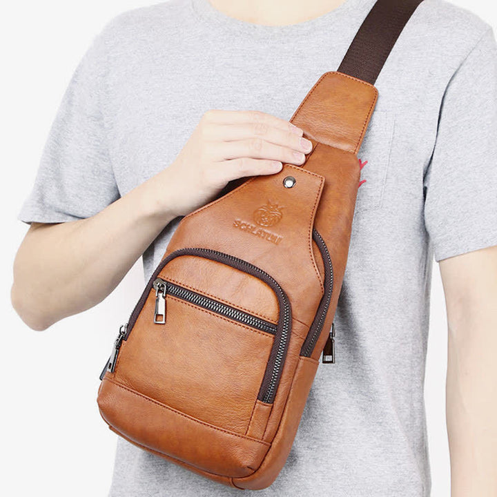 Schultertasche aus echtem Leder, Umhängetasche, Rucksack für Herren, zum Wandern, Reisen, Tagesrucksack