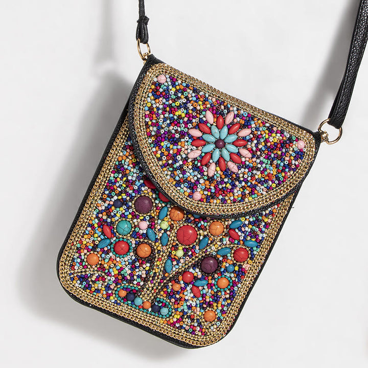 Bohemian Handytasche Damen Muschel Blumen Muster Magnetische Umhängetasche