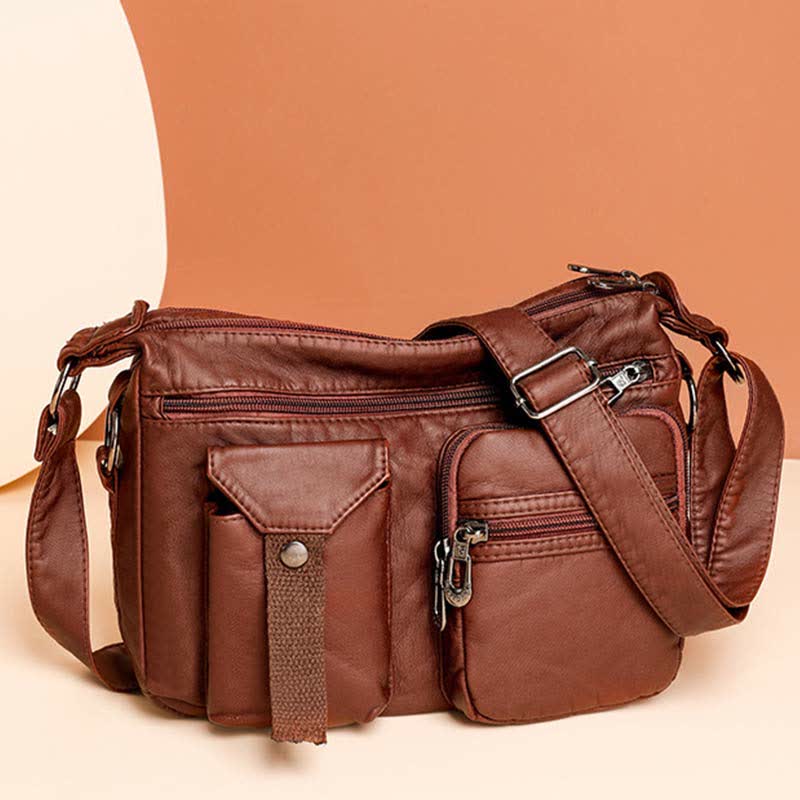 Damen Umhängetasche aus weichem Leder mit zwei Fächern, geräumige Handtasche, Schultertasche