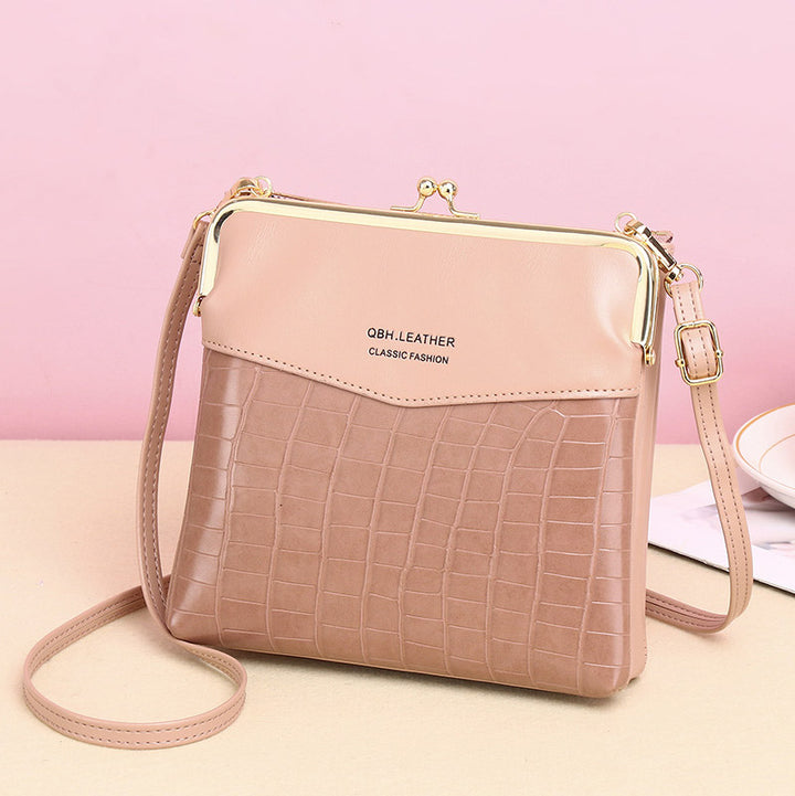 Leder-Crossbody-Handtasche für Damen mit zwei Fächern und Kiss Lock-Umhängetasche