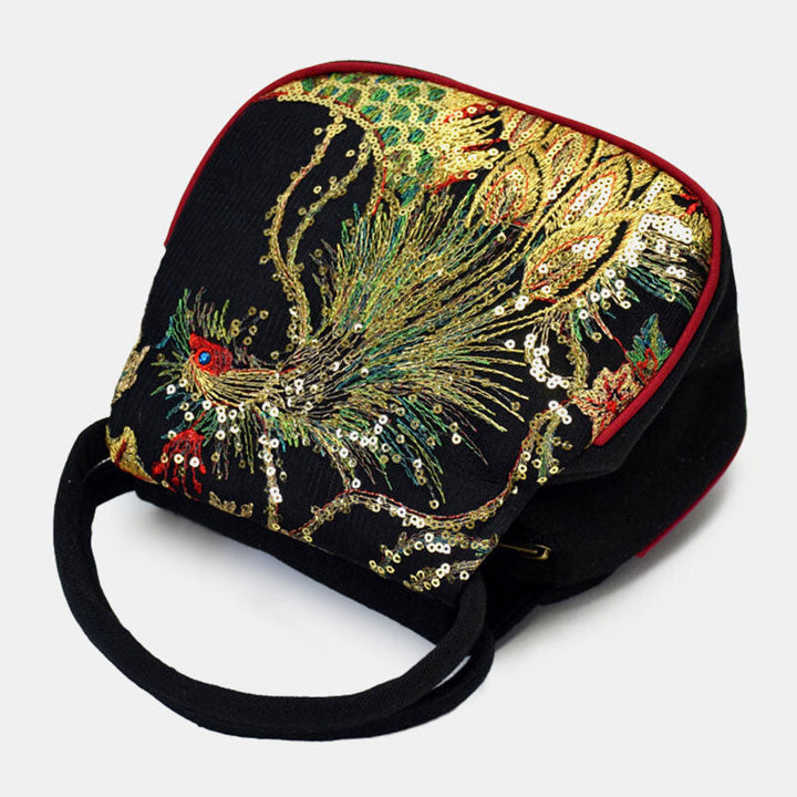 Handtasche aus Segeltuch mit Phönix-Stickerei und Pailletten im Ethno-Stil