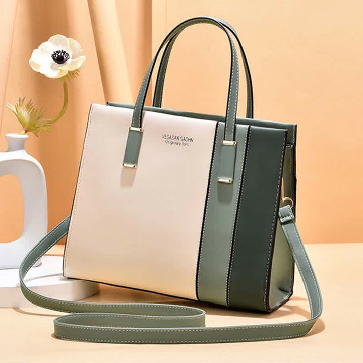 Damen Handtasche aus Leder mit Henkel, modisch, mit Farbblock-Muster, Umhängetasche