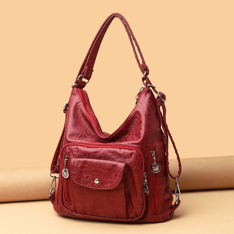 Einkaufstasche aus Leder im Vintage-Stil mit vielen Taschen und großer Kapazität