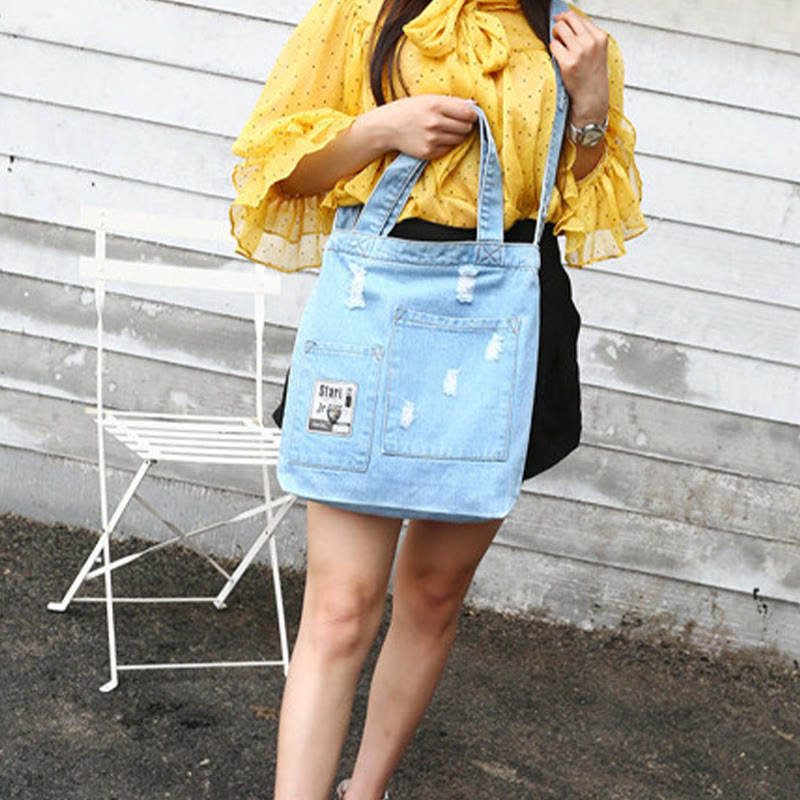 Denim Tote für Ausflüge Retro Canvas zerrissene Umhängetasche - image 3